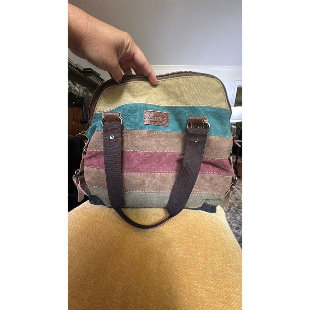 Journeys Canvas Satchel Bag Multi Color Striped Boho Tote Handbag Brown Teal